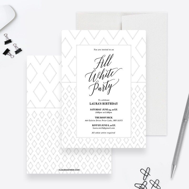 All White Birthday Party Invitation White Themed Invites Etsy