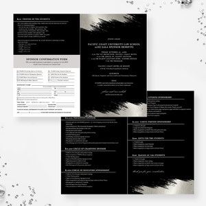May include: Black and silver invitation for a gala fundraiser for Pacific Coast University Law School. The invitation includes details about the event, including the date, time, and location. It also includes sponsorship levels and benefits.