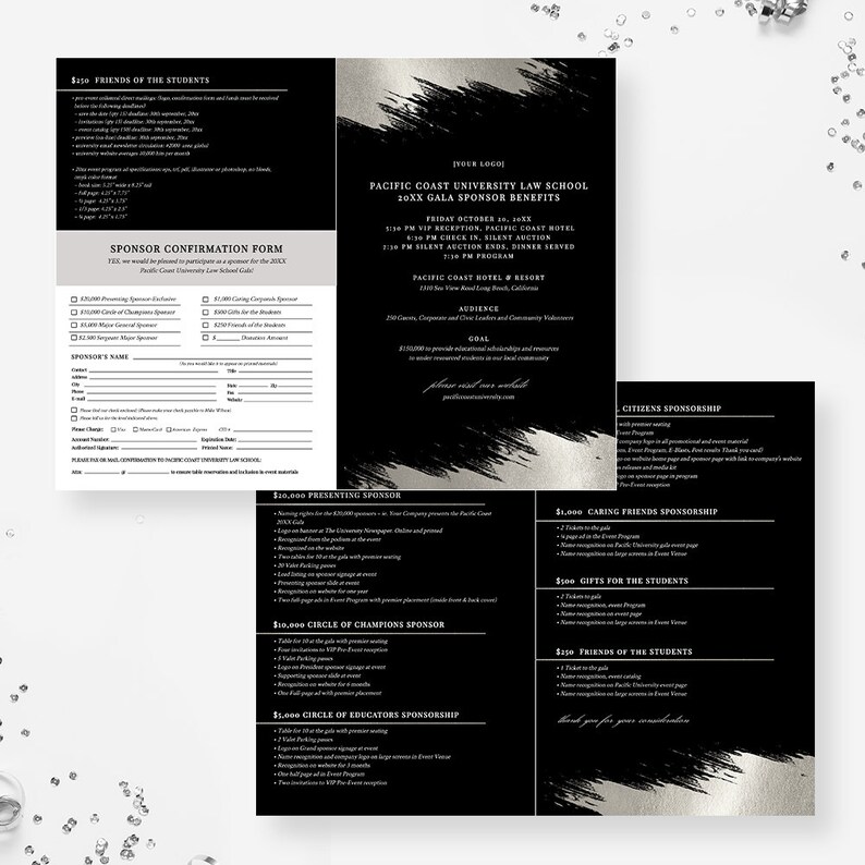 May include: Black and silver invitation for a gala fundraiser for Pacific Coast University Law School. The invitation includes details about the event, including the date, time, and location. It also includes sponsorship levels and benefits.
