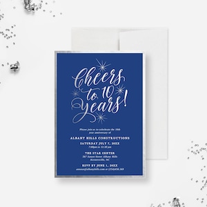 Cheers to 10 Years Invitation Template in Blue and Gold, 10 Year Business Anniversary Invitation Digital Download, Work Anniversary Invite