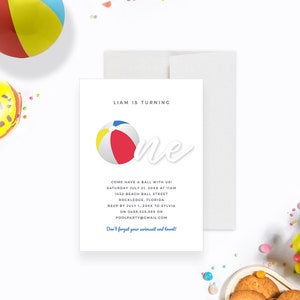Modèle d&#39;Invitation à la piscine pour premier anniversaire, ballon de plage pour 1er anniversaire, première fête d&#39;été en téléchargement numérique