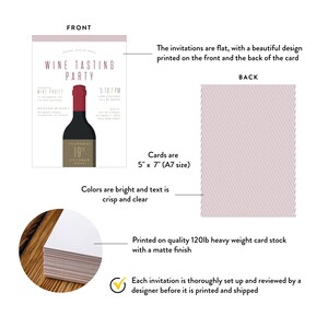 Wine tasting party invitation product details featuring a modern wine bottle illustration and elegant typography on a white background