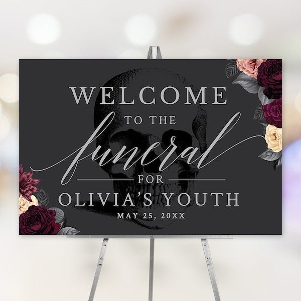 Funeral for my Youth Party Welcome Sign Editable Template, Funeral Birthday RIP 20s 30s 40s Digital Download, RIP 20s Table Sign