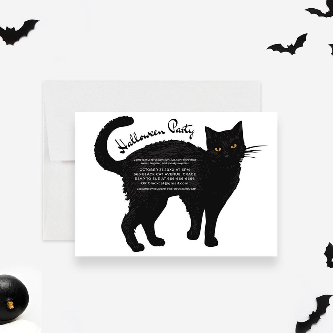 Black Cat Halloween Party Invitation Template Editable Digital Download ...