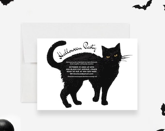 May include: A Halloween party invitation featuring a black cat silhouette with yellow eyes. The invitation includes the text "Halloween Party" and event details. The invitation is on a white background with a white envelope.