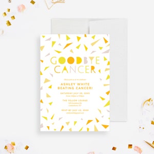 Plantilla de invitación para fiesta de despedida del cáncer en tonos amarillos, descarga digital para sobrevivientes de cáncer, invitaciones imprimibles para guerreros contra el cáncer