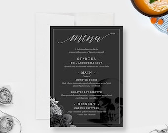 Death to my 20s Birthday Menu Card with Skulls and Silver Flowers, Funeral for my Youth Template  Party Menu, RIP 20s 30s 40s Dinner Menu