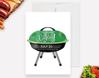 May include: A white invitation card featuring a watercolor illustration of a green and black charcoal grill. The text reads: Please join us for a Cookout, Saturday at 1:00 PM, July 20, 33 Hill Avenue Macgregor, RSVP by July 10 to Sam 0455.577.799.