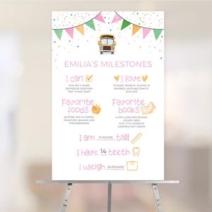Poster bébé sur le thème des bus pour filles, enseigne personnalisée de fête d'autobus scolaire, affiche bébé première année, les roues du bus