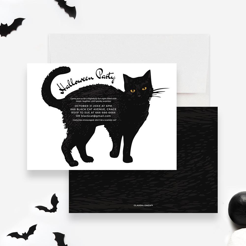 Black Cat Halloween Party Invitation Template Editable Digital Download ...