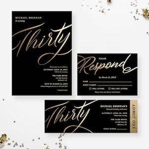 Sjabloon 30e verjaardagsuitnodiging met bijpassende RSVP en ticket, zwart en goud elegante feestuitnodiging, dertig digitale download
