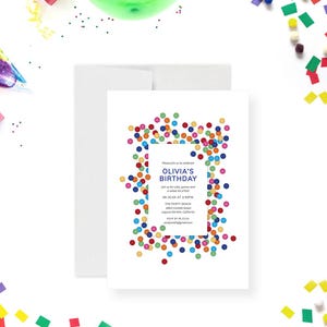 Modèle d&#39;invitation de fête d&#39;anniversaire pour enfants avec des confettis colorés, faire-part de fête de paillettes lumineuses imprimable en téléchargement numérique
