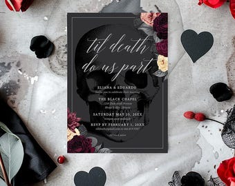 Plantilla de invitación de boda para fiesta hasta que la muerte nos separe, descarga digital de despedida de soltera gótica, despedida de soltera gótica de Halloween