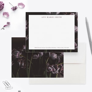 Carte de correspondance de papeterie personnalisée, papeterie personnalisée femme fleurs tulipes, ensemble de papeterie personnelle fleurs sombres, cadeau tulipe