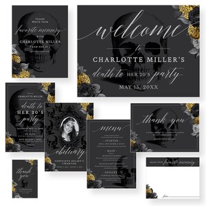 Lot d'invitations d'anniversaire Morte à mes 20 ans, Funérailles de ma jeunesse, ensemble de modèles modifiables, RIP des années 20, 30, 40, nécrologie, panneau de bienvenue, cartes de menu
