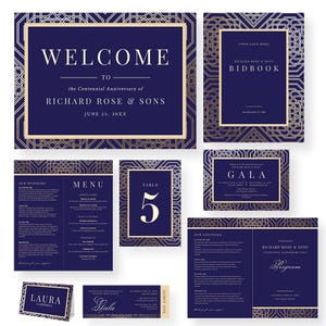 Company Gala Invitation Template Editable Corporate Event Set Navy Gold Program Welcome Sign Bid Book Digital Download