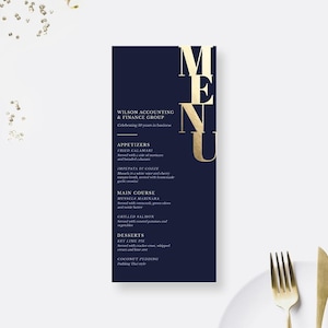 Elegancki szablon karty menu na formalne wydarzenie firmowe, niestandardowe menu na formalne wydarzenie do pobrania w wersji cyfrowej w kolorze granatowym i złotym