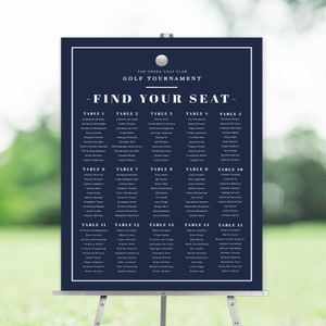 Golf Table Seating Chart, Seating Sign Editable Template, Golf Tournament Seating Chart Poster Digital Download in Blue and White