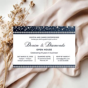 Plantilla de invitación de cumpleaños con temática de mezclilla y diamantes (6 x 4), 60.º aniversario de bodas de diamantes, imprimible, descarga digital