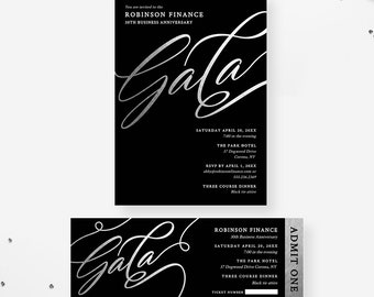 Silver Gala Invitation Editable Template with Ticket, Corporate Work Party Invite, Business Digital Download, Elegant Company Event