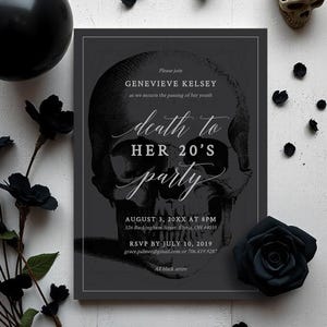 May include: A rectangular invitation card with a dark gray background featuring a large, detailed black skull illustration. The text reads: Please join GENEVIEVE KELSEY as we mourn the passing of her youth death to HER 20'S party AUGUST 3, 20XX AT 8PM.