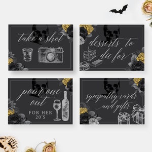 Panneau de table en téléchargement numérique or, panneau Death to My 20s, Take a Shot, cartes et cadeaux pour fête d'Halloween, panneau de table à desserts imprimable