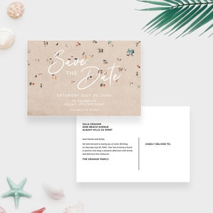 Modèle de carte postale Save the Date de plage, téléchargement numérique de cartes postales d'anniversaire de fête d'été, carte postale de Save the Date de Bachelorette de plage