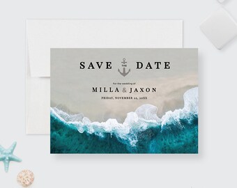 Sea Save the Date Card Beach Summer Nautical Theme Modello modificabile, download digitale Tropical Paradise Destination Wedding Printable