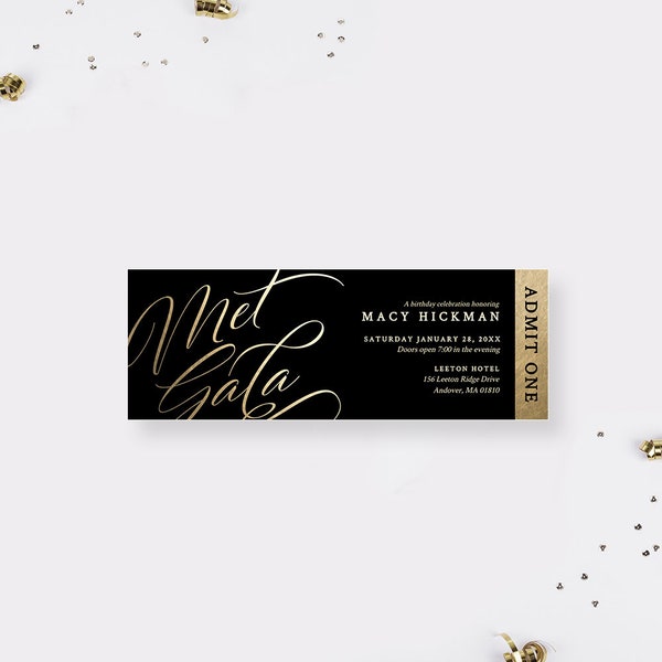 Met Gala Ticket Invitation Template, Birthday Printable Ticket, Business Event Ticket Digital Download, Admission Ticket in Black and Gold