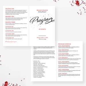 May include: A printed event program for the Wilson Finance Spring Banquet. The cover features the word "Program" in elegant script. Inside, the schedule includes a cocktail reception, keynote address, dinner service, and awards ceremony. The program is white with red accents.