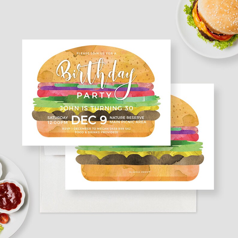 May include: A watercolour illustration of a hamburger birthday party invitation. The invitation features a colourful hamburger with the text "Birthday Party" and "John is turning 30". The invitation also includes the date and time of the party, "Saturday, Dec 9, 12:00pm", and the location, "Nature Reserve, Main Picnic Area".