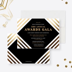 May include: Black and gold striped invitation for the 3rd Annual Awards Gala hosted by Reid Constructions. The event will be held on Saturday, January 10, 20XX at the Graham Banquet Hall in Roy, Utah. The invitation includes the event time, address, and contact information.