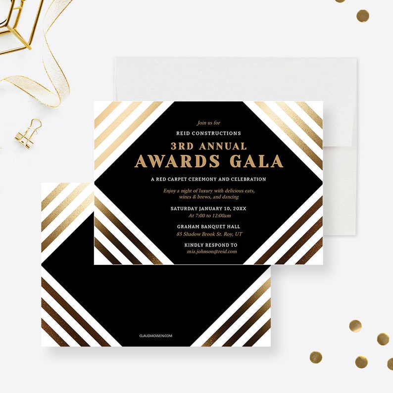 May include: Black and gold striped invitation for the 3rd Annual Awards Gala hosted by Reid Constructions. The event will be held on Saturday, January 10, 20XX at the Graham Banquet Hall in Roy, Utah. The invitation includes the event time, address, and contact information.