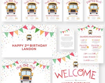 May include: A set of printable party invitations featuring a yellow school bus with colorful flags and confetti. The invitations are for a child's birthday party and include the child's name, age, and party details.