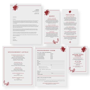 Wein-Party-Einladungs-Paket digitaler Download, Paket für Spendensammlung, druckbares Patenschaftsformular, Briefkopf, Programm und Menükarte