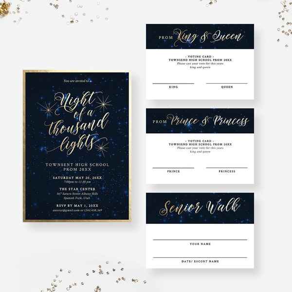 Night of a Thousand Lights Prom Invitation Editable Template, King Queen Prince Princess Voting Cards, Senior Walk Name Cards, Night Sky