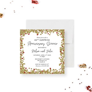 Red and Gold Invitation Card for Ruby 40th Wedding Anniversary Dinner Party, Elegant Business Anniversary Party