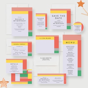 Faire-part d'anniversaire coloré pour femme et homme, invitations géométriques artistiques 30e 40e 50e 60e, cartes Save the Dates personnalisées