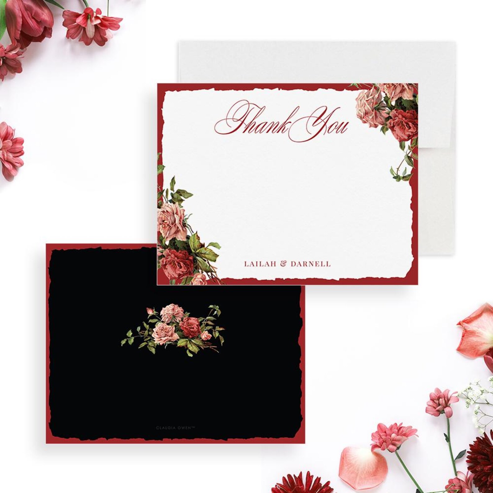 Red Floral Wedding Thank You Cards Personalized With Name Vintage Rose ...