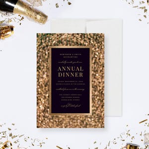 Modelo editável de convite para jantar anual, convites para festa de empresa de gala de ouro para download digital, convites comerciais formais