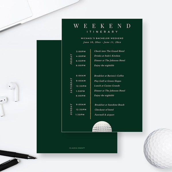 Golf Itinerary Editable Template, Printable Travel Itinerary Cards, Timeline Card Digital Download, Information Card Welcome Itinerary