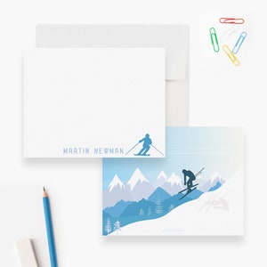 Cartes de correspondance de ski personnalisées, Cartes de remerciement montagnes de ski, Ensemble de papeterie de ski personnalisée pour hommes et femmes, Cartes de sports d'hiver Skieur de course