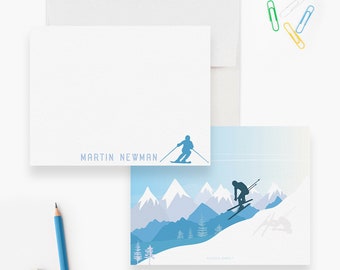 Personalized Skiing Note Cards, Ski Mountains Thank You Notes, Custom Skiing Stationery Set Men & Women, Winter Sport Cards Ski Race Skier