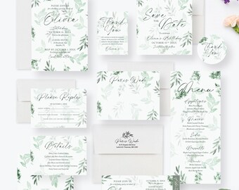 Greenery Birthday Invitation Card with Watercolor Leaf Design, Summer Birthday Invites, Summer Bridal Shower Invitations