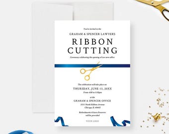 Ribbon Cutting Editable Template, Blue Ribbon Launch Party Printable Digital Download New Business Office Opening Ceremony
