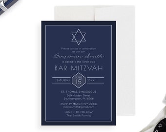 Bar and Bat Mitzvah Invitation Card, Religious Celebration with Star of David Jewish Star, Jewish Birthday Party Invitation