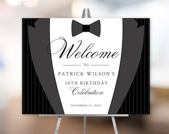 Black Tie Party Welcome Sign Editable Template, Printable Sign Instant Digital Download, Elegant Birthday Tuxedo Party