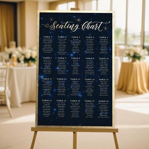 Op de afbeelding: Een marineblauwe bruiloft zitplaatskaart met gouden letters en blauwe sterren. De kaart staat op een houten ezel en vermeldt de namen van de gasten aan elke tafel.