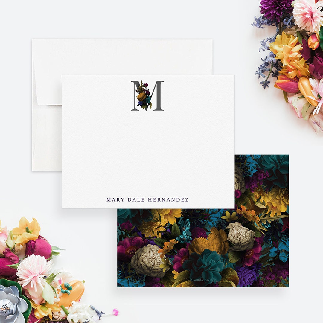 Custom Floral Monogram Note Card With Envelopes, Personalized Monogram ...