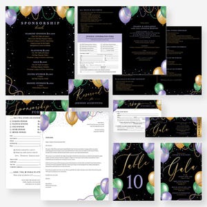 Invitación a fiesta de gala en verde, morado y dorado, descarga digital para evento de recaudación de fondos de Mardi Gras, plantilla de programa de patrocinio de entradas con membrete